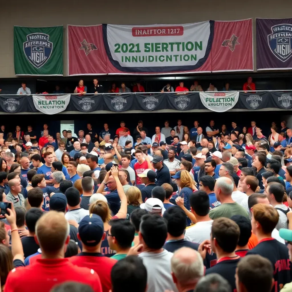 Crowd celebrating at a Hall of Fame induction ceremony.