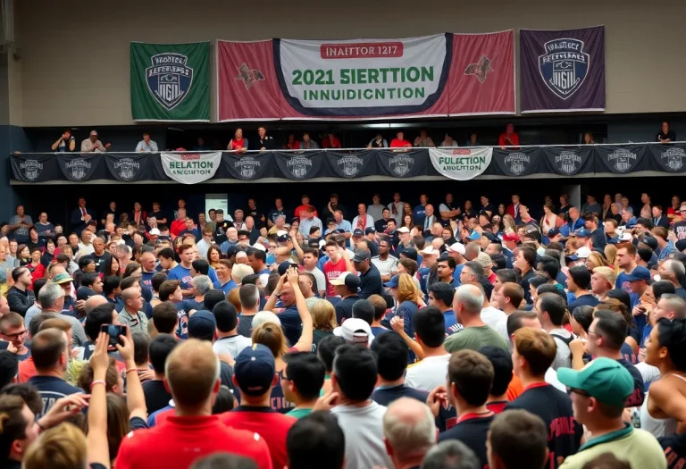 Crowd celebrating at a Hall of Fame induction ceremony.