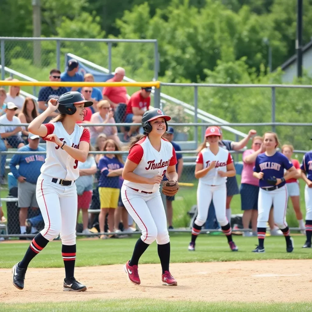 High school softball players in action during a game in Maine