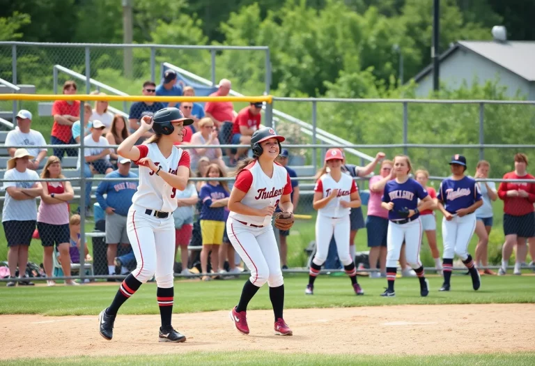 High school softball players in action during a game in Maine