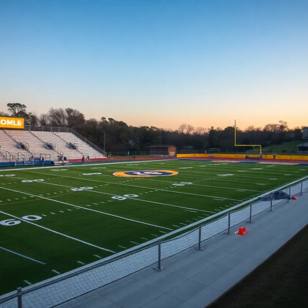 Empty football field with team colors and supportive community.