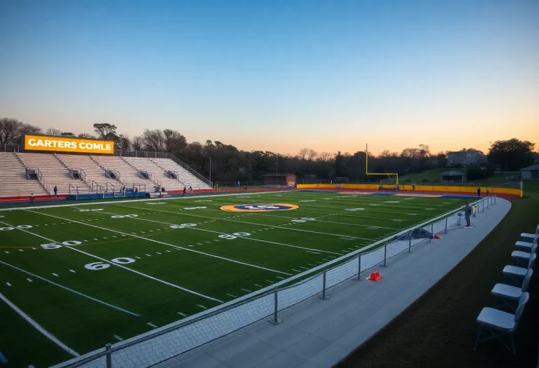 Empty football field with team colors and supportive community.