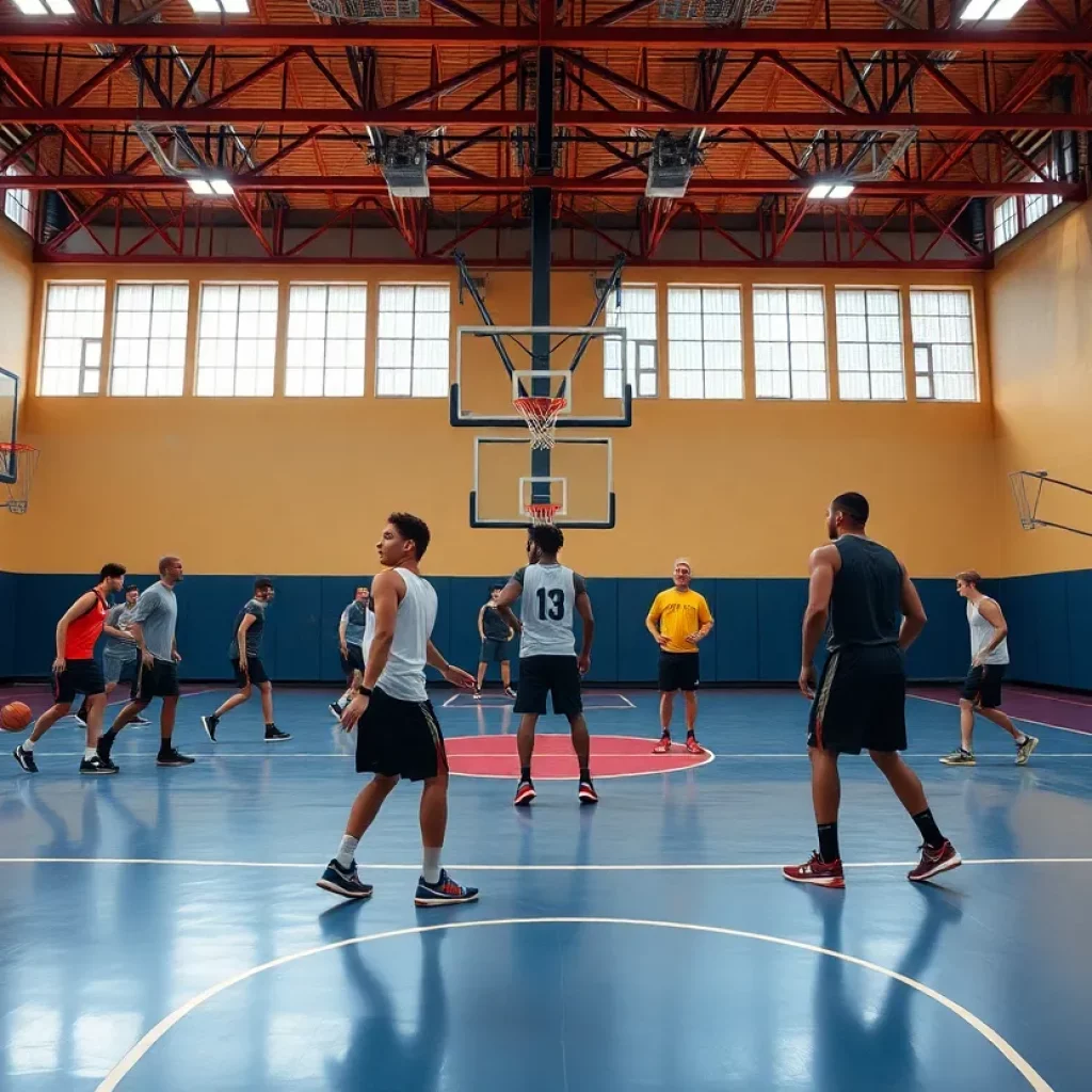 Players practicing basketball at Manhattan High School gym