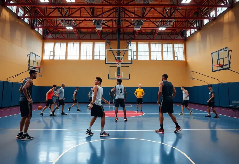 Players practicing basketball at Manhattan High School gym