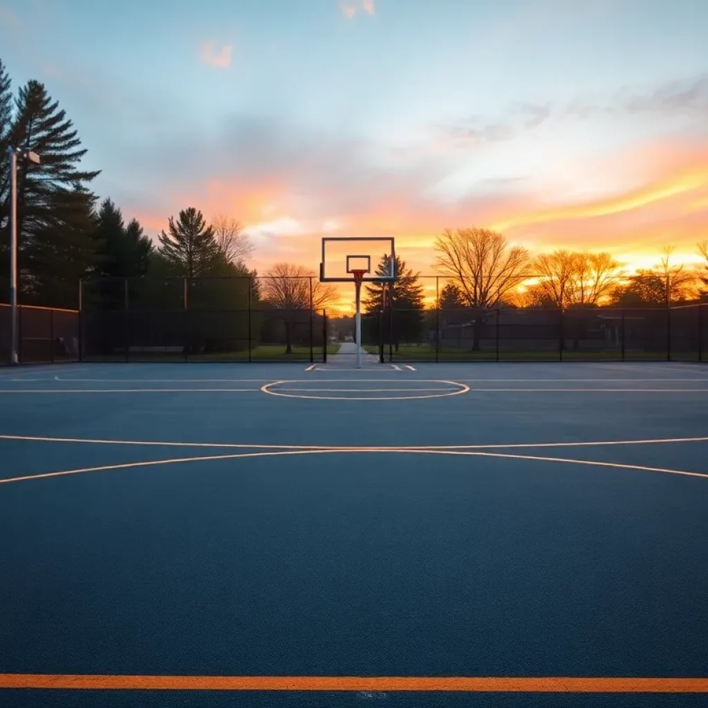 An empty basketball court symbolizing community loss.