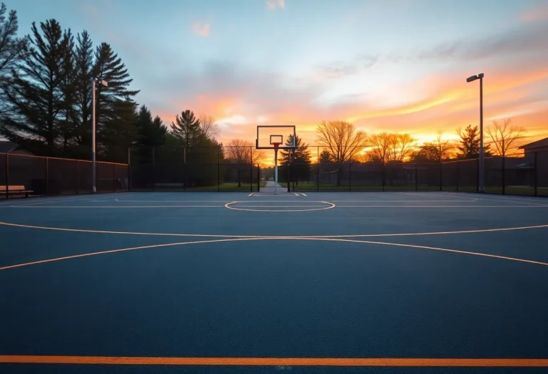An empty basketball court symbolizing community loss.