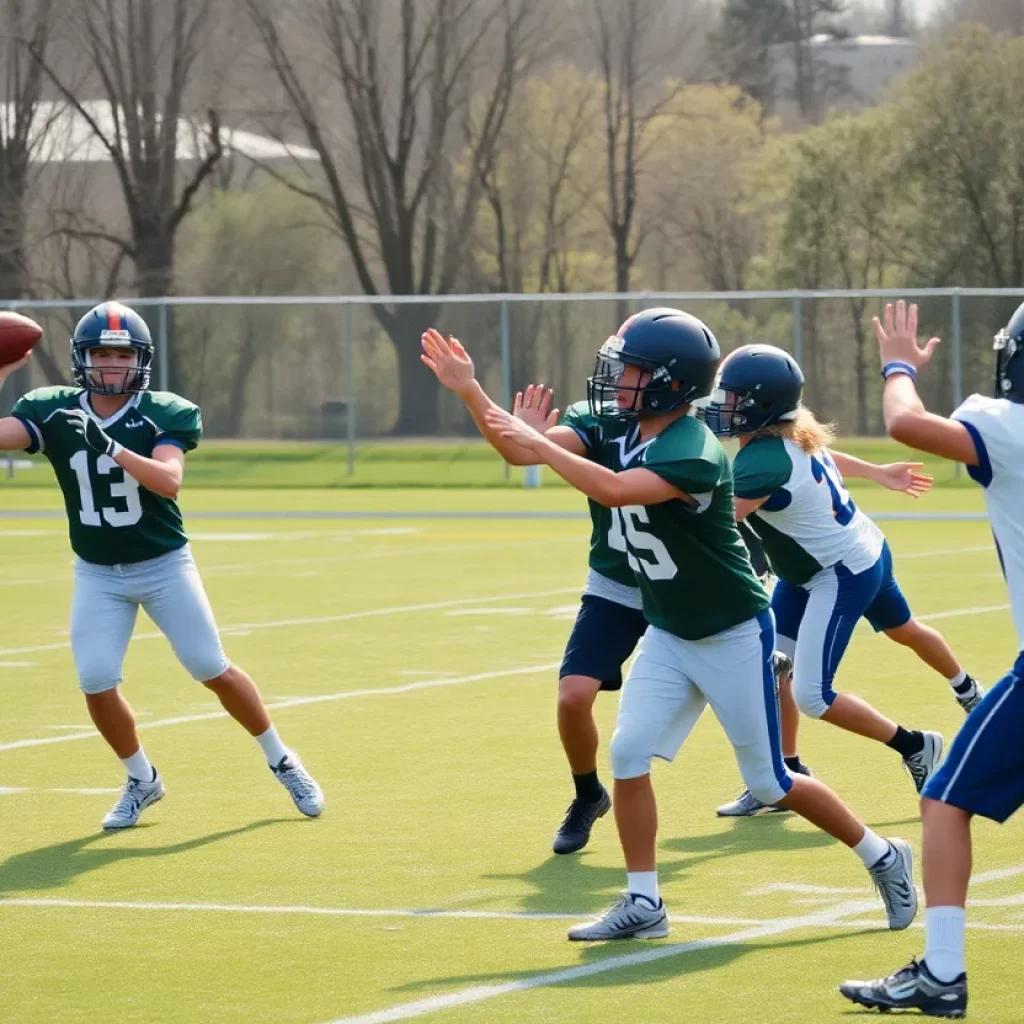 Young quarterbacks practicing during spring football training in Massachusetts