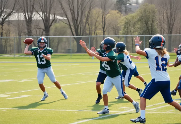 Young quarterbacks practicing during spring football training in Massachusetts