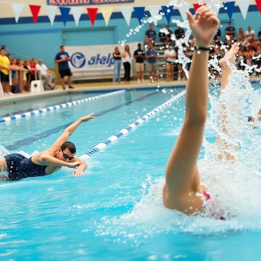 Swimmers diving into the pool at a high school swim meet