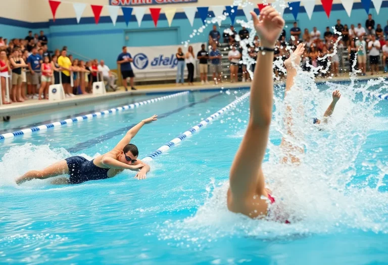Swimmers diving into the pool at a high school swim meet