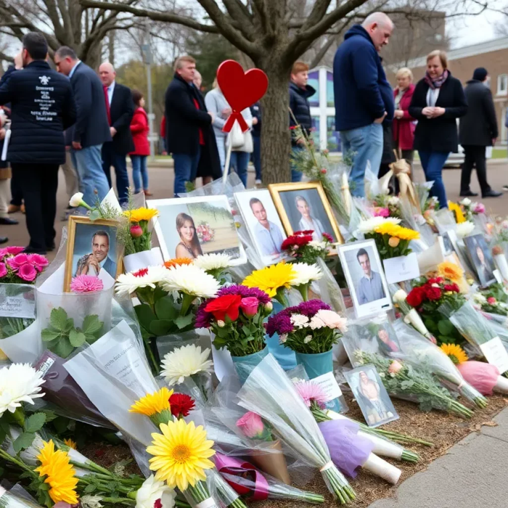 Memorial with flowers and photos for a lost student