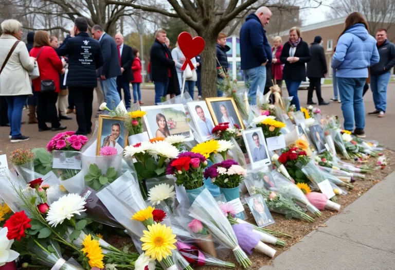 Memorial with flowers and photos for a lost student