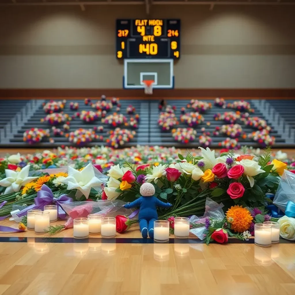 A memorial setup honoring Coach Joe Marsh at a basketball court.