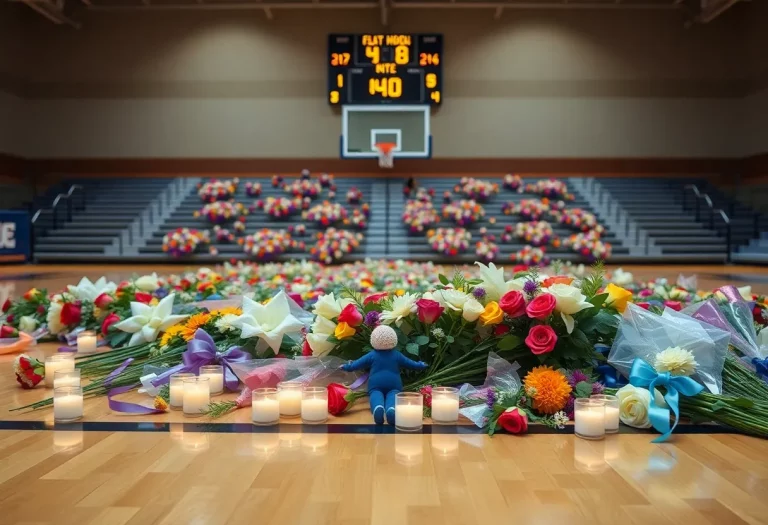 A memorial setup honoring Coach Joe Marsh at a basketball court.