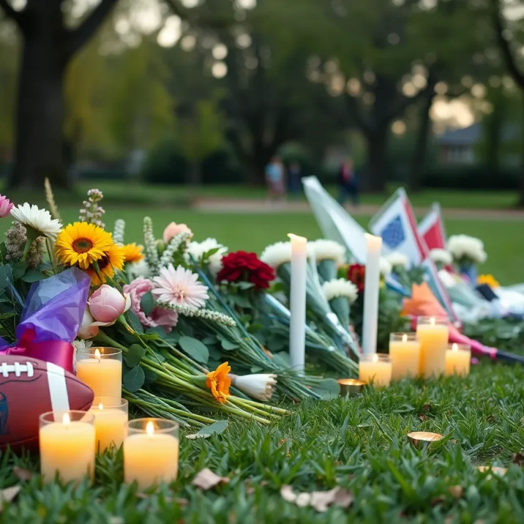 Memorial setup honoring Coach Rob Violante in a local park.