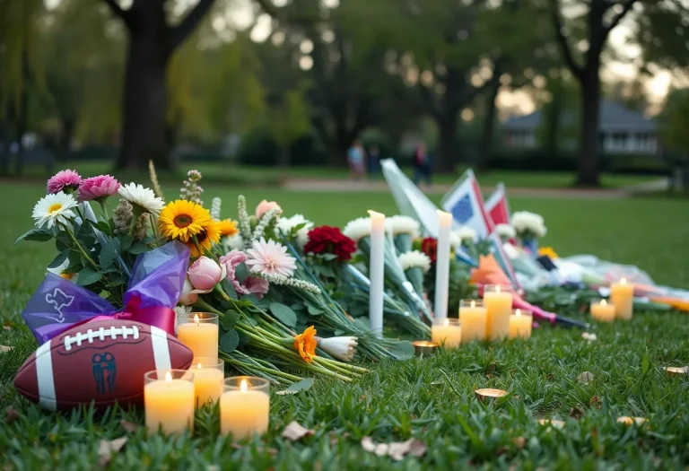 Memorial setup honoring Coach Rob Violante in a local park.