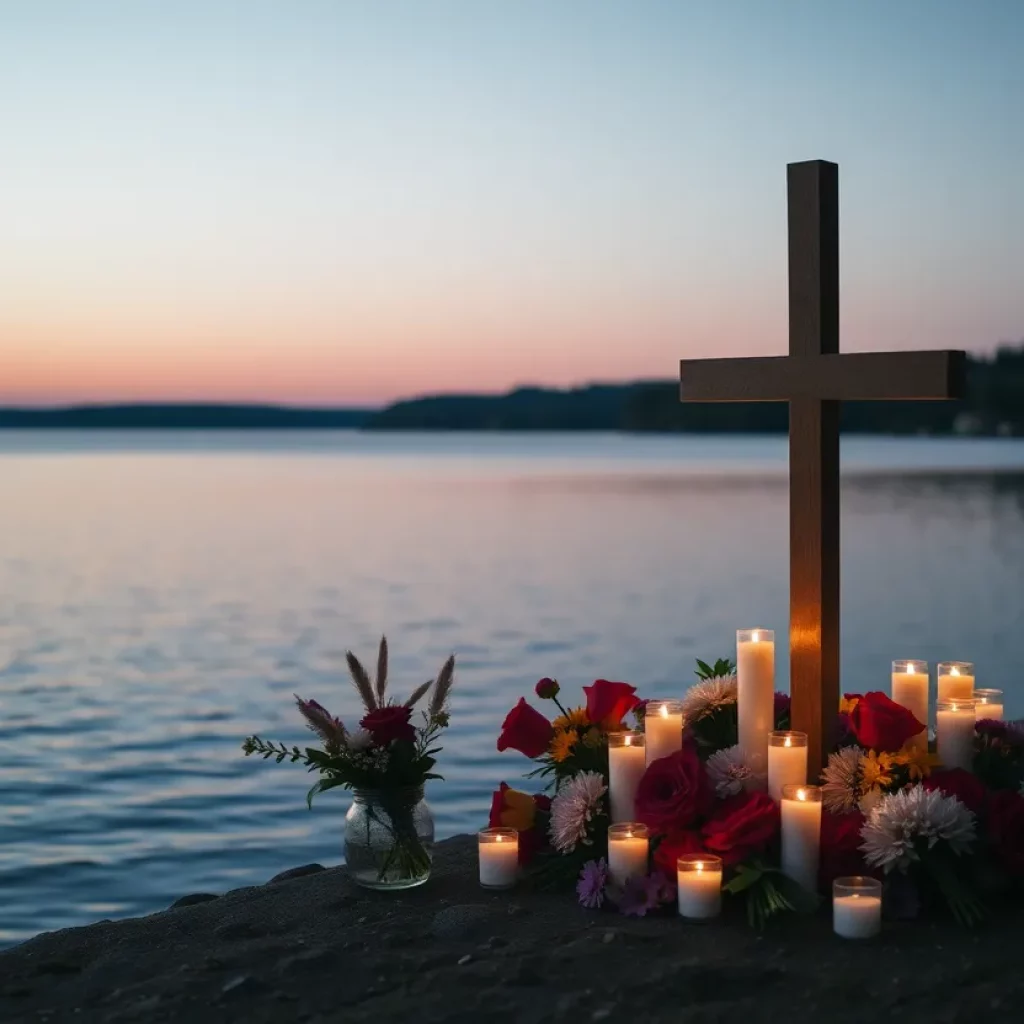 Memorial cross and flowers at Highland Lake in Floyd County