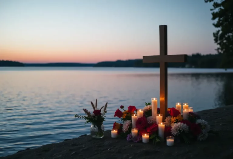 Memorial cross and flowers at Highland Lake in Floyd County