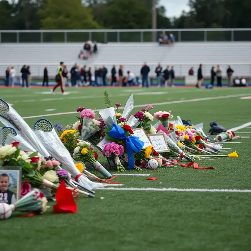 Vigil at a lacrosse field with flowers and notes for the young athlete.