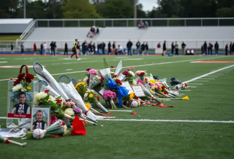 Vigil at a lacrosse field with flowers and notes for the young athlete.
