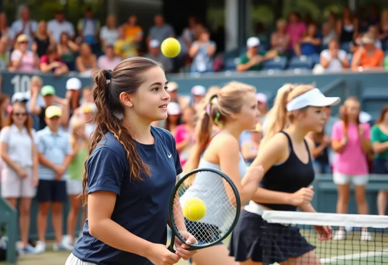 Girls tennis players competing in the MHSAA finals with spectators in the background.