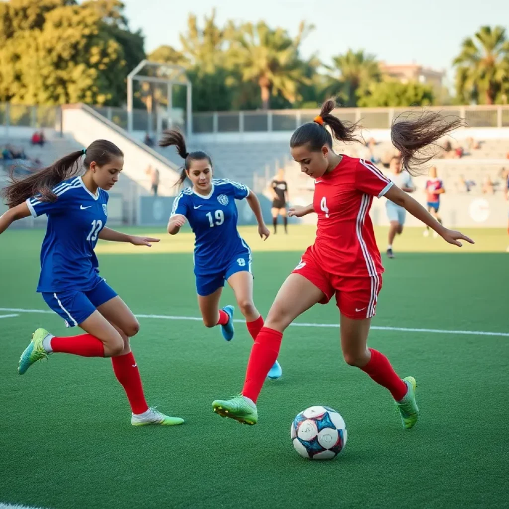 Girls playing soccer in a high school tournament setting