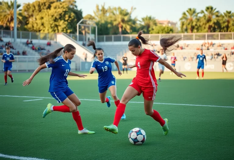 Girls playing soccer in a high school tournament setting