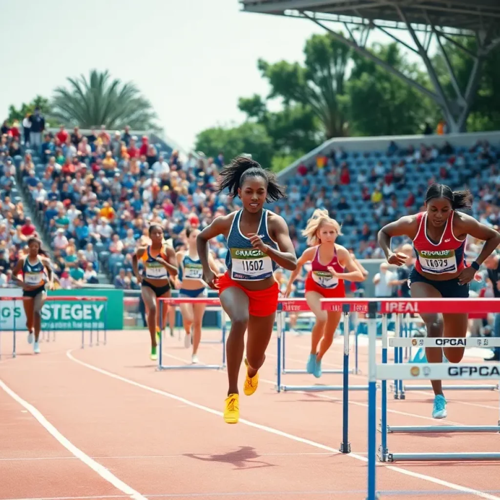 Female athletes competing in Michigan high school track and field events.
