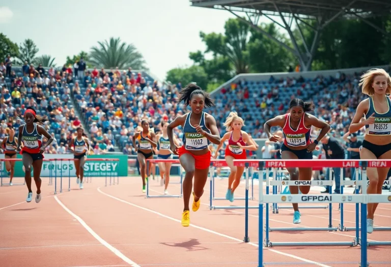 Female athletes competing in Michigan high school track and field events.