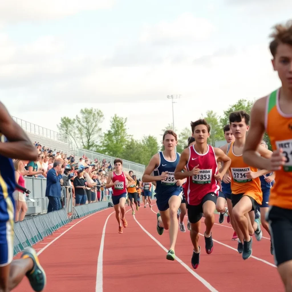 Athletes competing in a high school track and field event in Michigan