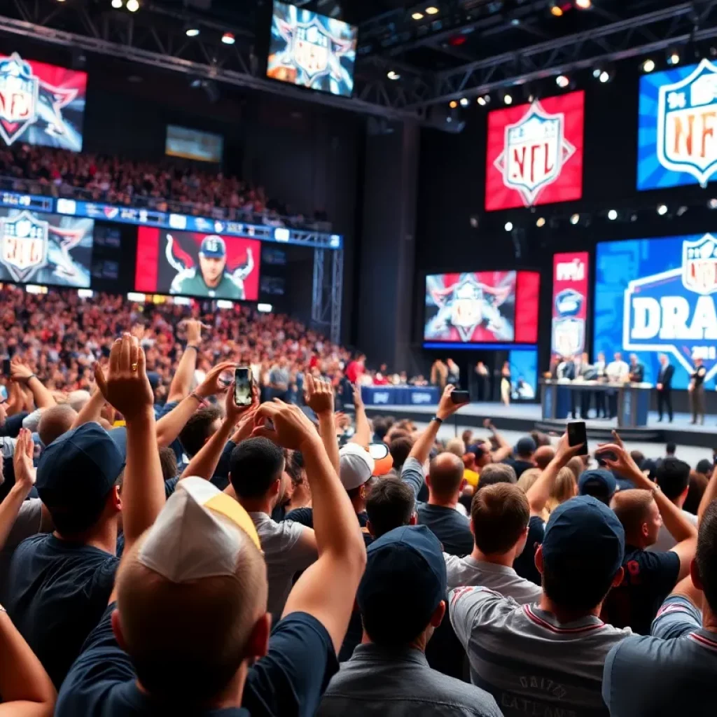 Crowd cheering at the NFL Draft event celebrating Michigan players