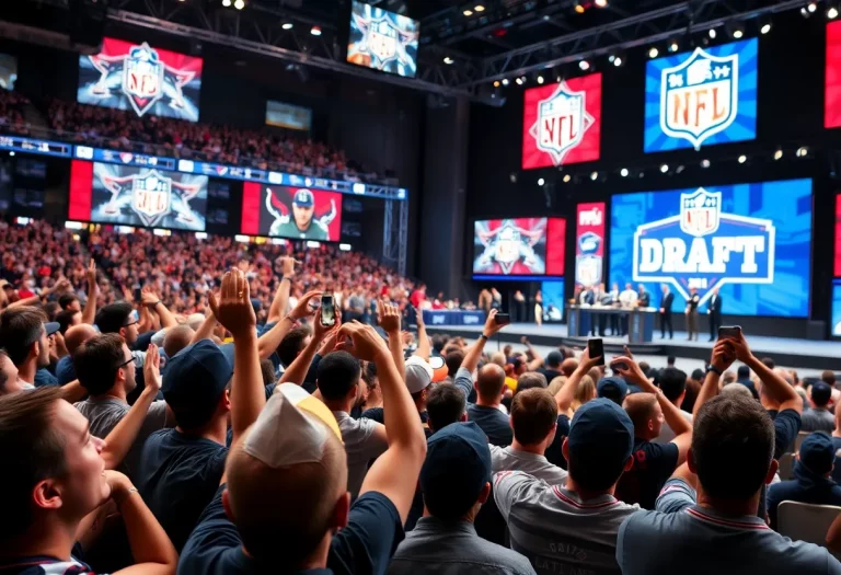 Crowd cheering at the NFL Draft event celebrating Michigan players