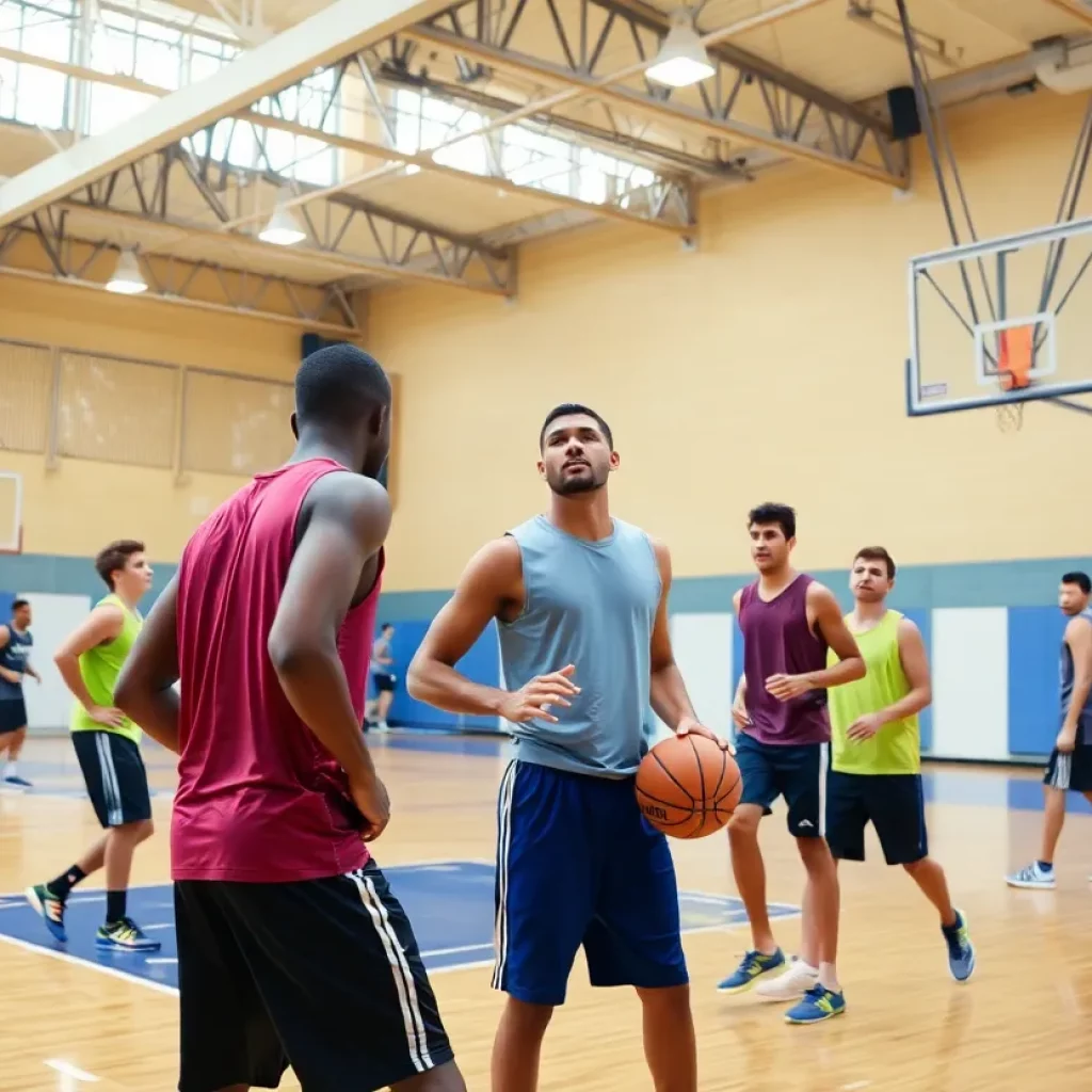 Basketball players practicing on the Midway High School court