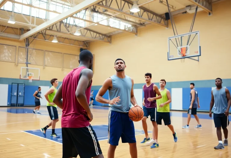 Basketball players practicing on the Midway High School court