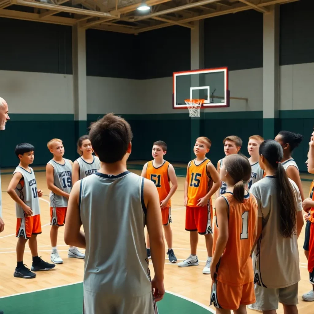 Midway High School basketball team during practice with coach