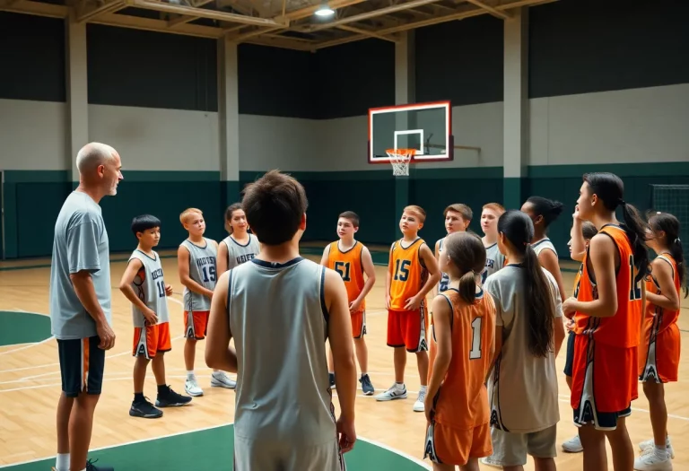 Midway High School basketball team during practice with coach