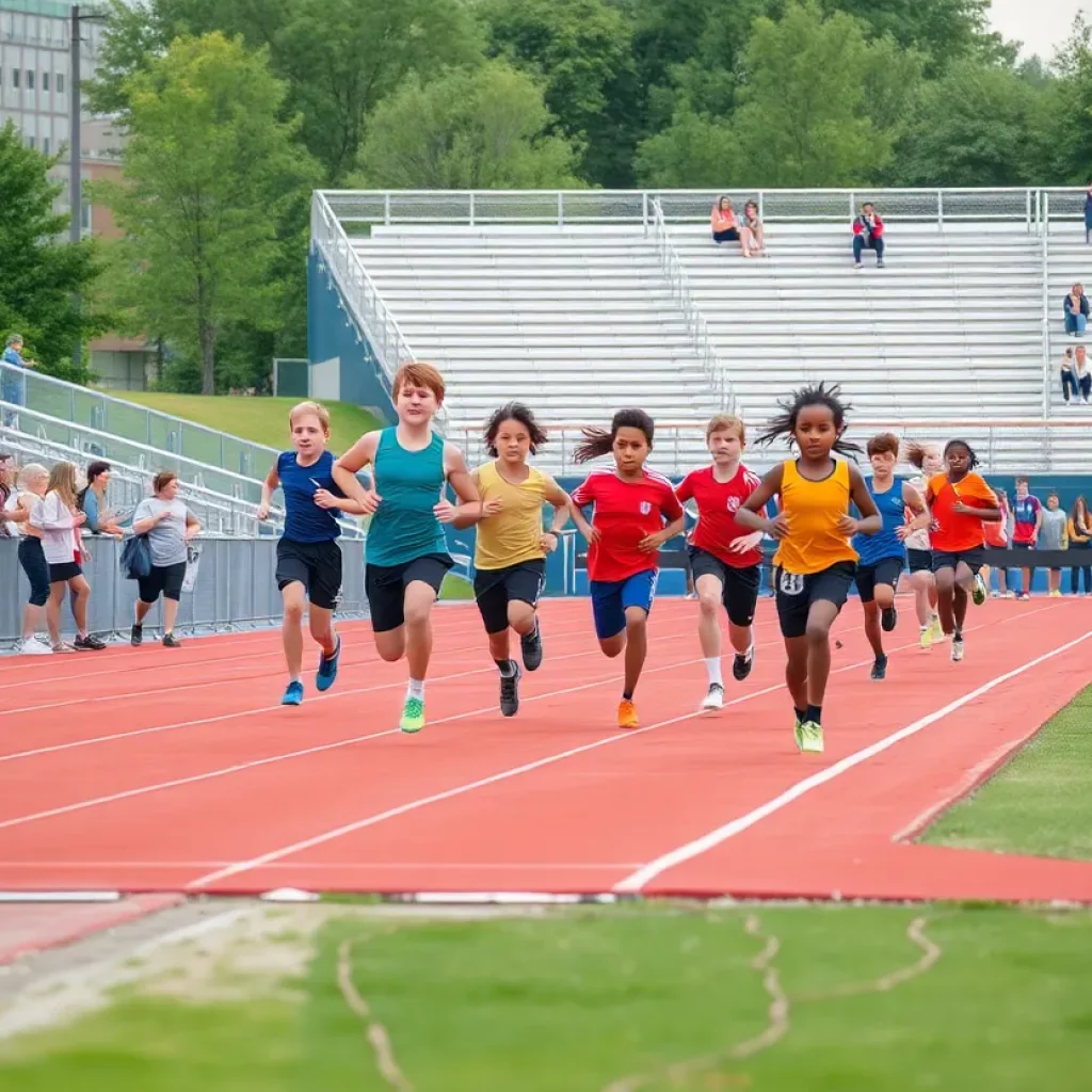 Athletes sprinting at a Milwaukee high school track meet