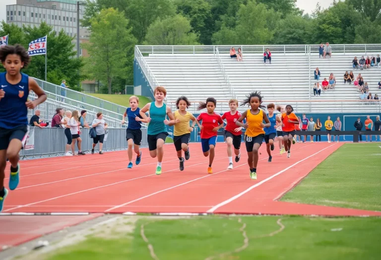 Athletes sprinting at a Milwaukee high school track meet