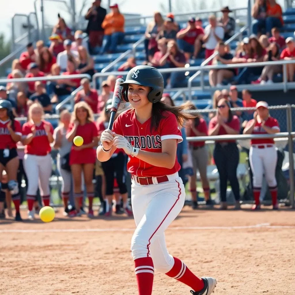 A female softball player pitching during a game