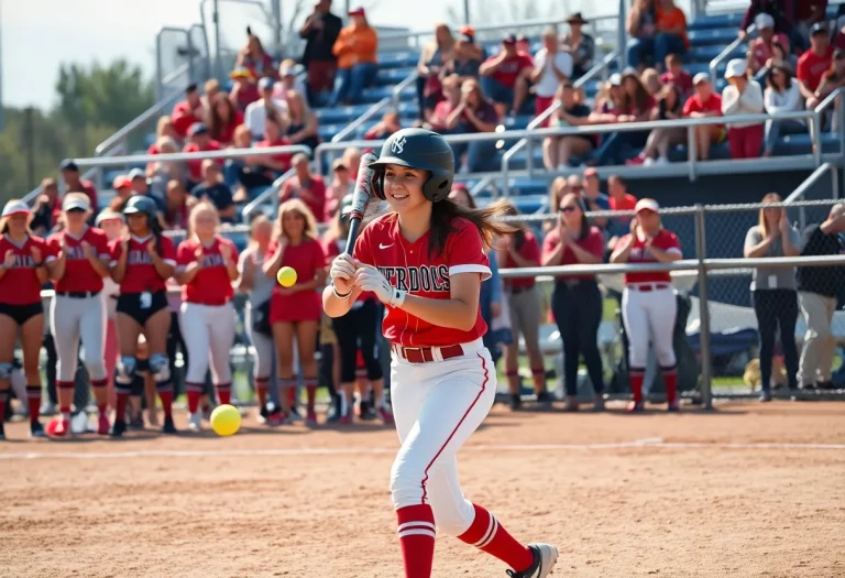 A female softball player pitching during a game