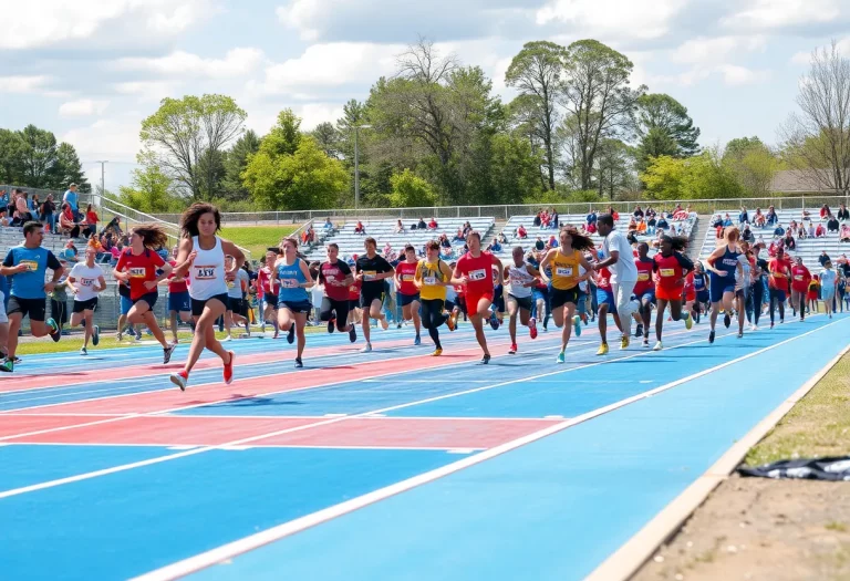High school track athletes competing in a vibrant outdoor setting.