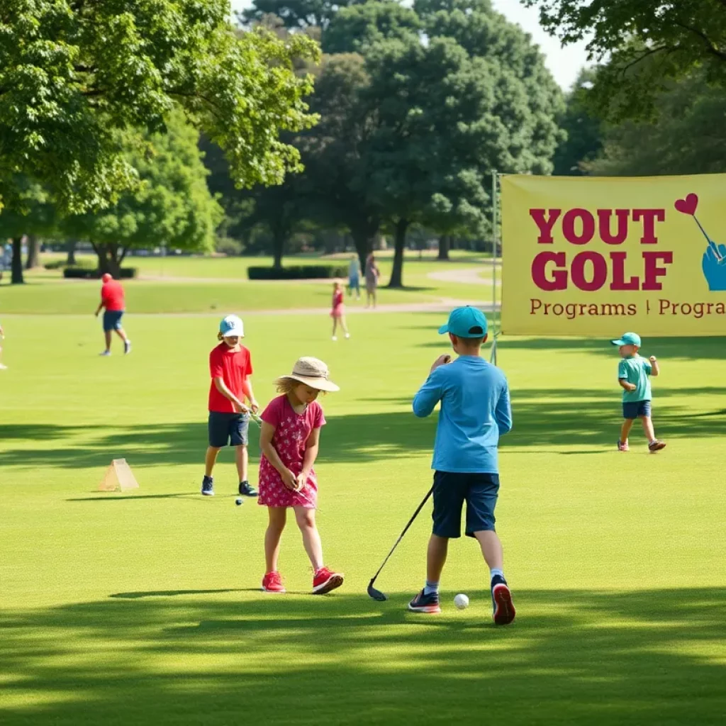Children participating in youth golf lessons at a community golf course