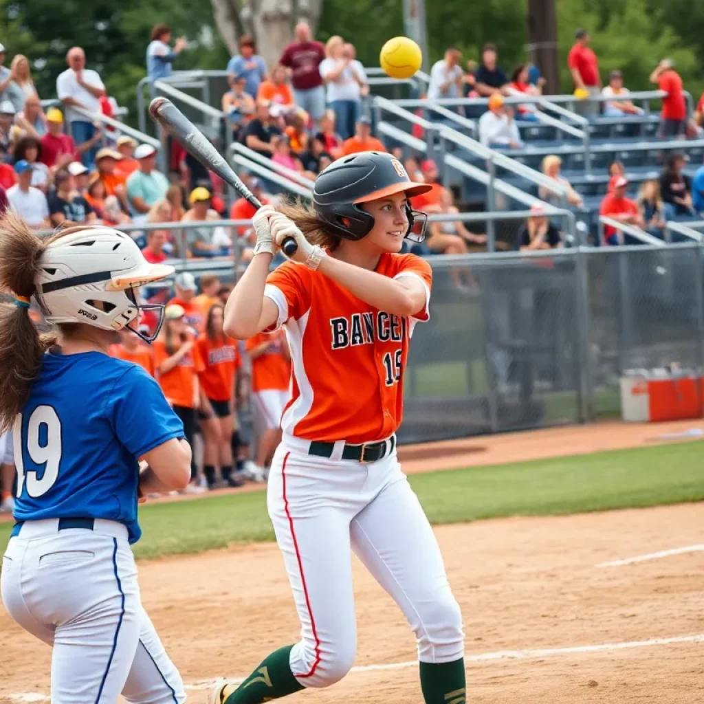 Players competing in a high school softball championship game in Mississippi.