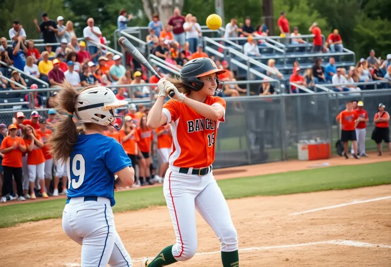 Players competing in a high school softball championship game in Mississippi.