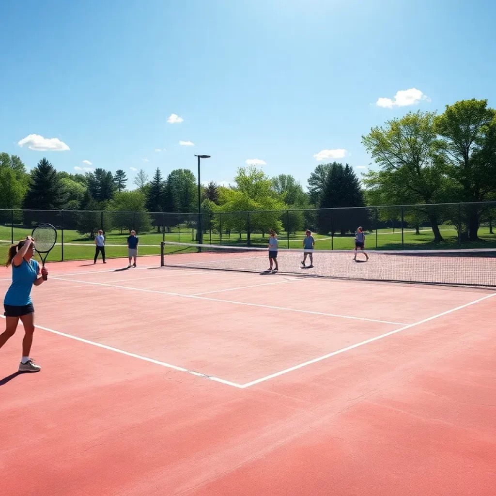 Mitchell High School tennis team practicing on court.