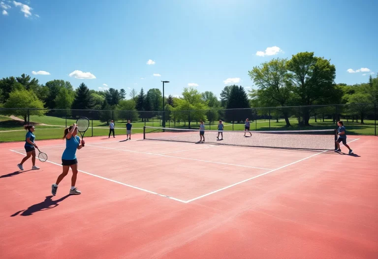 Mitchell High School tennis team practicing on court.