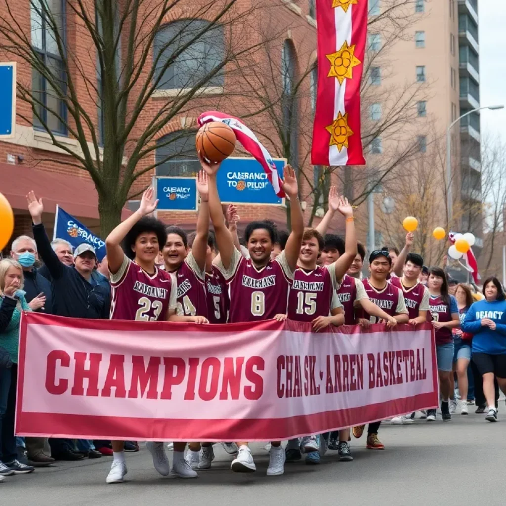 Community parade celebrating Monroe Central High School's basketball victory.