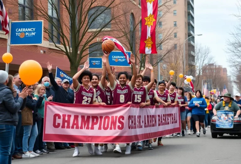 Community parade celebrating Monroe Central High School's basketball victory.