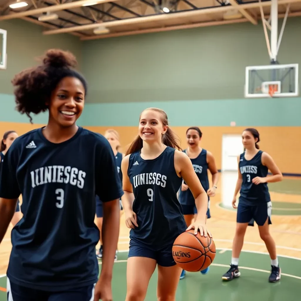 Young female basketball players practicing together on the court