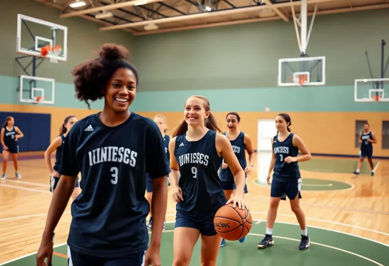 Young female basketball players practicing together on the court